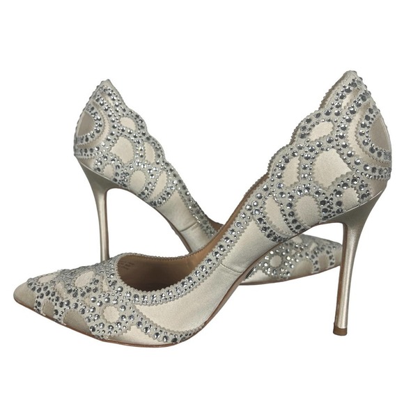 BADGLEY MISCHKA ROUGE EMBELLISHED EVENING SHOES IVORY SATIN SZ 8 NEW WITHOUT BOX - Picture 7 of 12